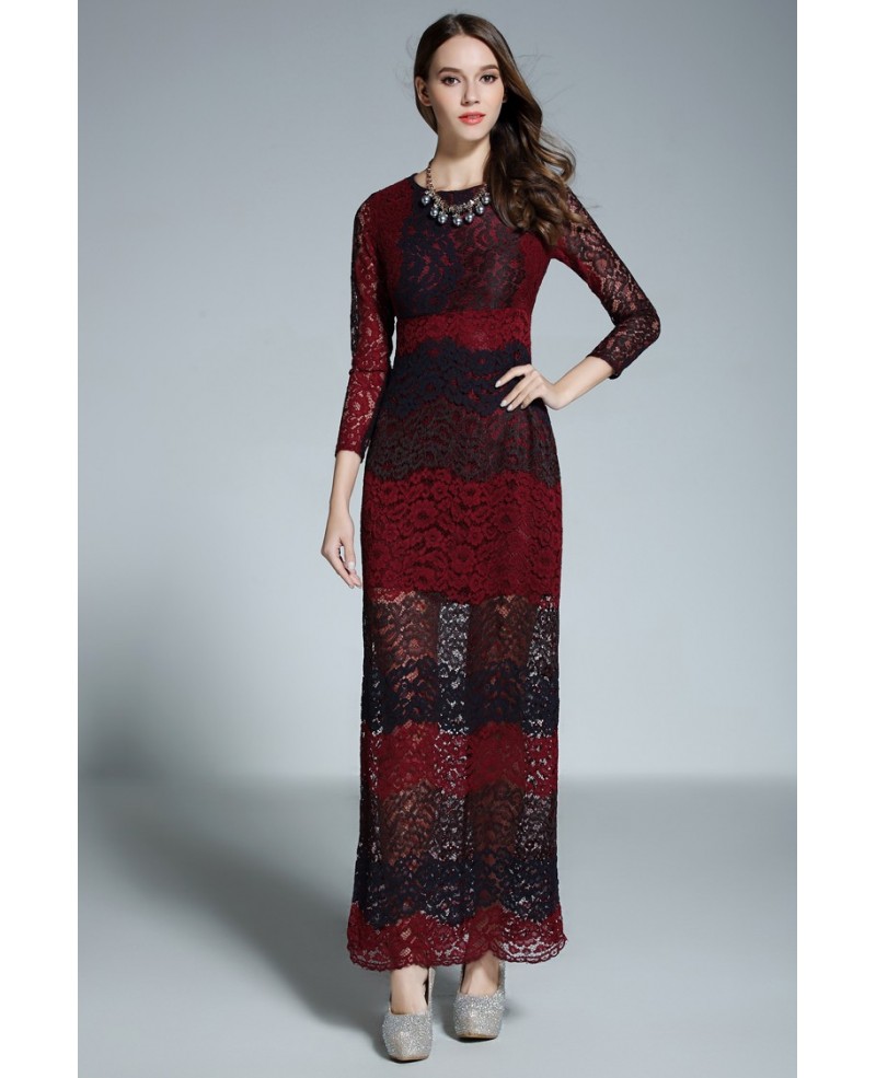 Black and Red A-line Scoop Neck Floor-length Lace Formal Dress With Sleeves