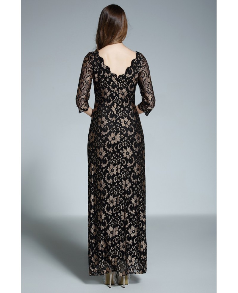 A-line Scoop Neck Floor-length Black Lace Formal Dress With Open Back
