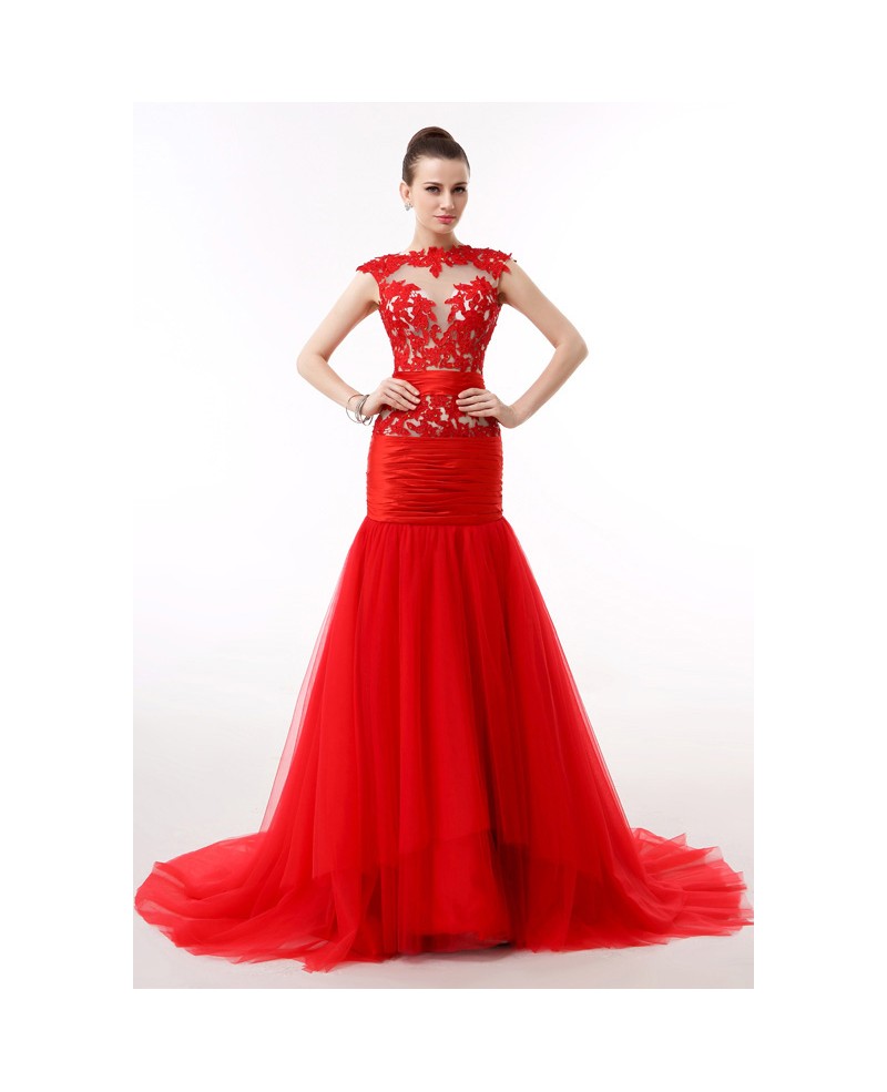 Mermaid Scoop Neck Court Train Tulle Prom Dress With Appliques Lace