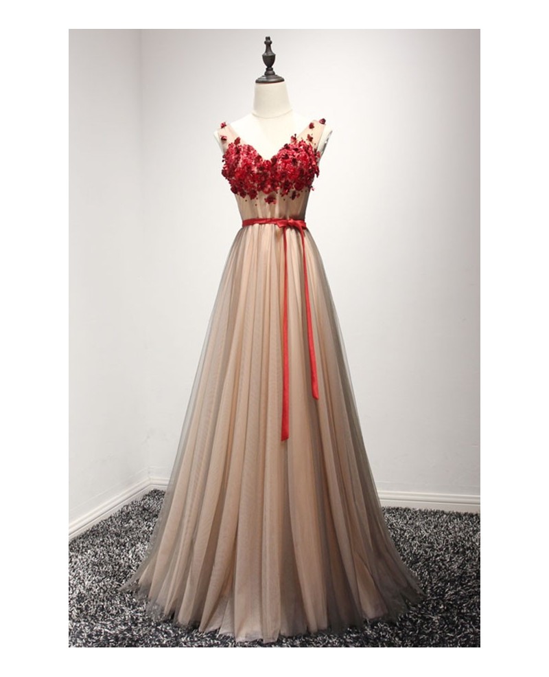 Special A-line V-neck Floor-length Tulle Prom Dress With Appliques Lace