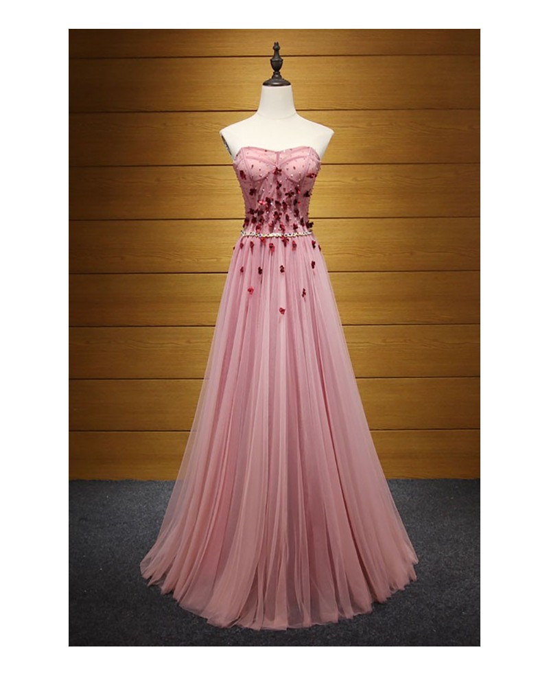 Special A-line Strapless Floor-length Tulle Prom Dress With Beading