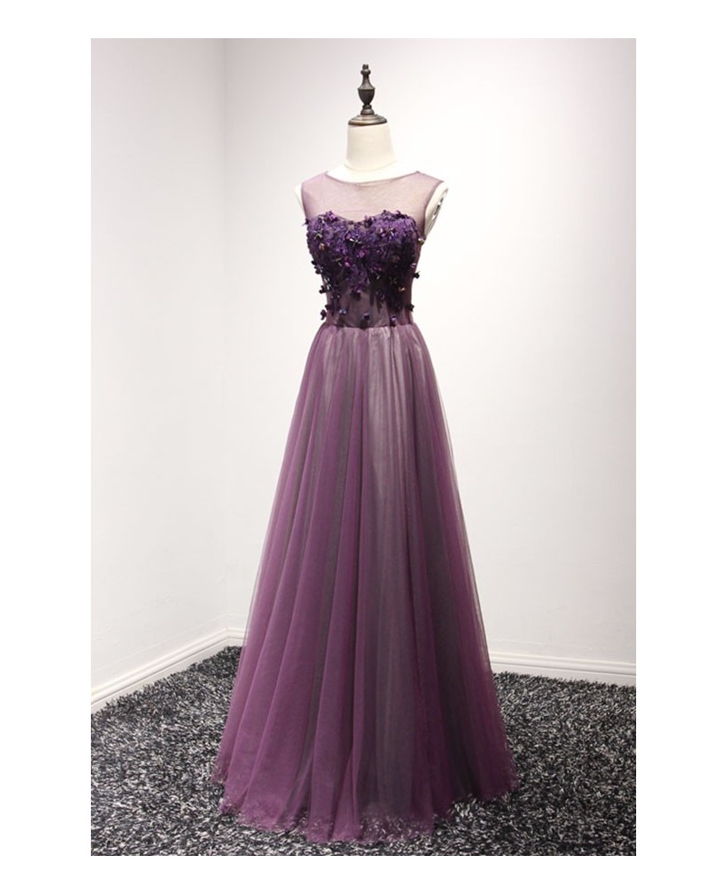 Grape A-line Scoop Neck Floor-length Tulle Prom Dress With Open Back