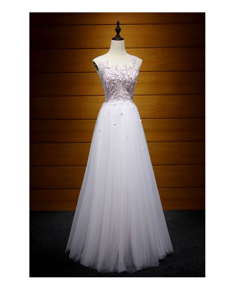 Feminine A-line Scoop Neck Floor-length Tulle Prom Dress With Appliques Lace