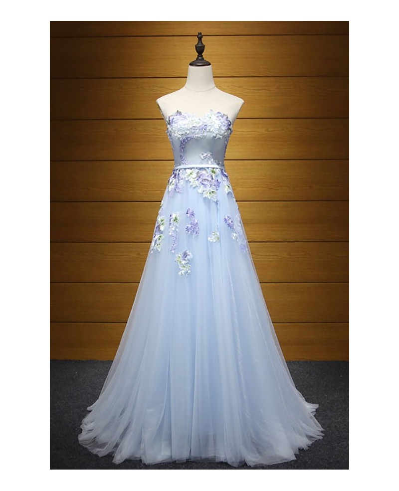 Blue A-line Sweetheart Floor-length Tulle Prom Dress With Appliques Lace