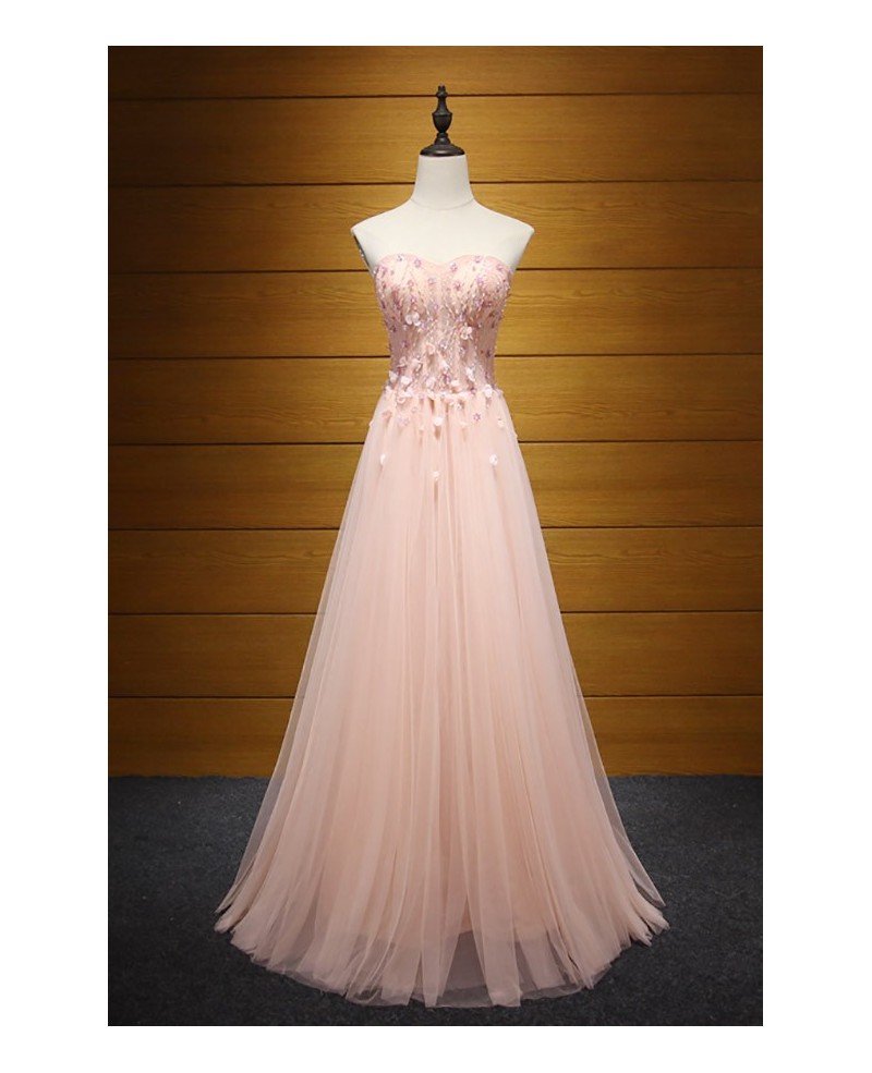 Pink A-line Sweetheart Floor-length Tulle Prom Dress With Beading