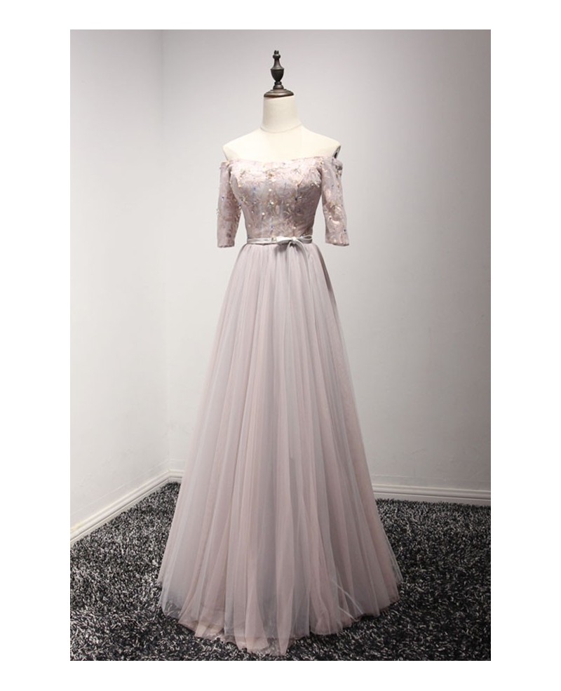 Feminine A-line Off-the-shoulder Floor-length Tulle Prom Dress With Appliques Lace