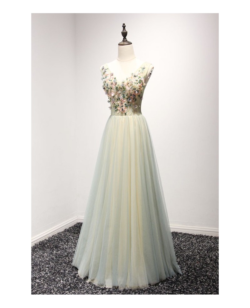 Dreamy A-line V-neck Floor-length Tulle Prom Dress With Beading
