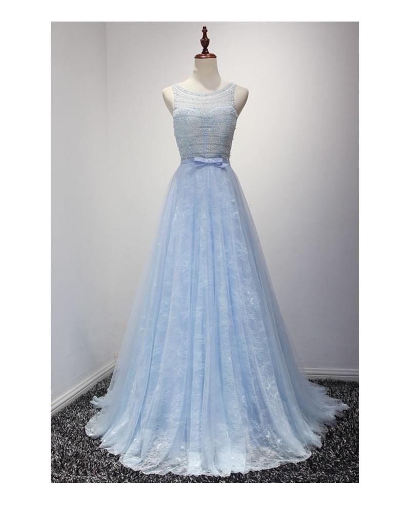 Blue Ball-gown Scoop Neck Floor-length Tulle Prom Dress With Lace