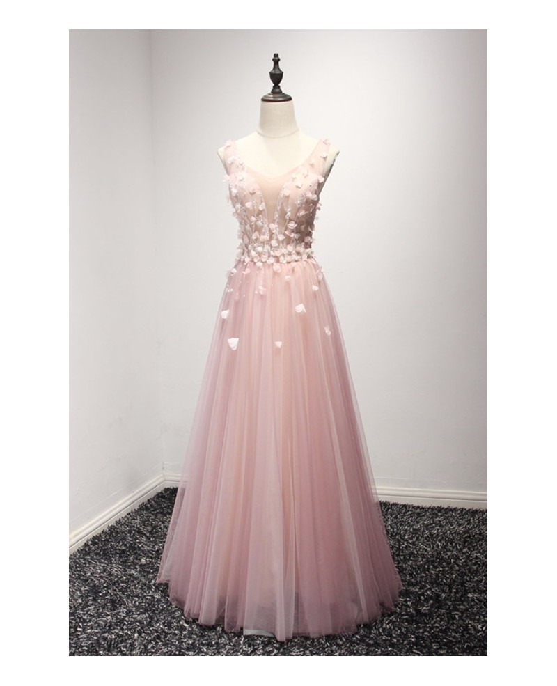 Blush A-line V-neck Floor-length Tulle Prom Dress With Flowers