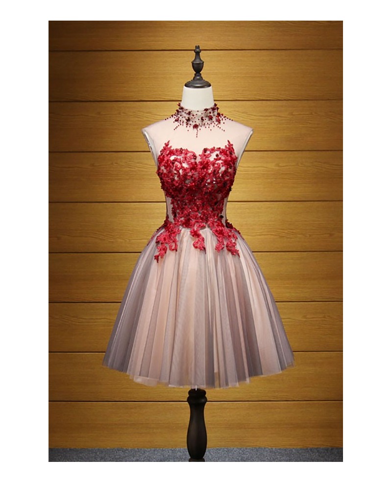 Special Ball-gown High Neck Short Tulle Homecoming Dress With Appliques Lace