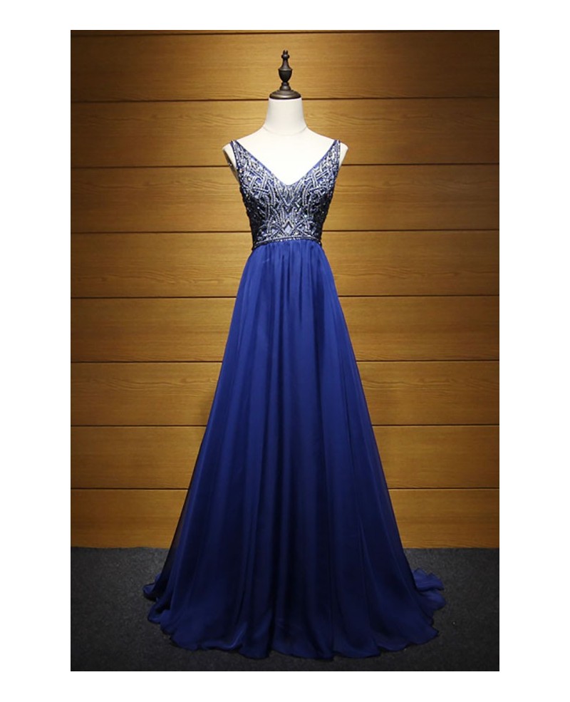 Glamour A-line V-neck Floor-length Tulle Prom Dress With Beading