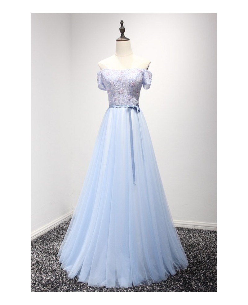 Feminine A-line Off-the-shoulder Floor-length Tulle Prom Dress With Beading