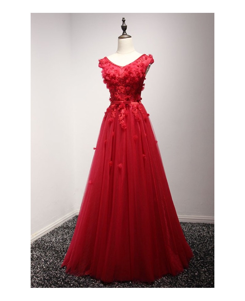 Red A-line V-neck Floor-length Tulle Prom Dress With Flowers