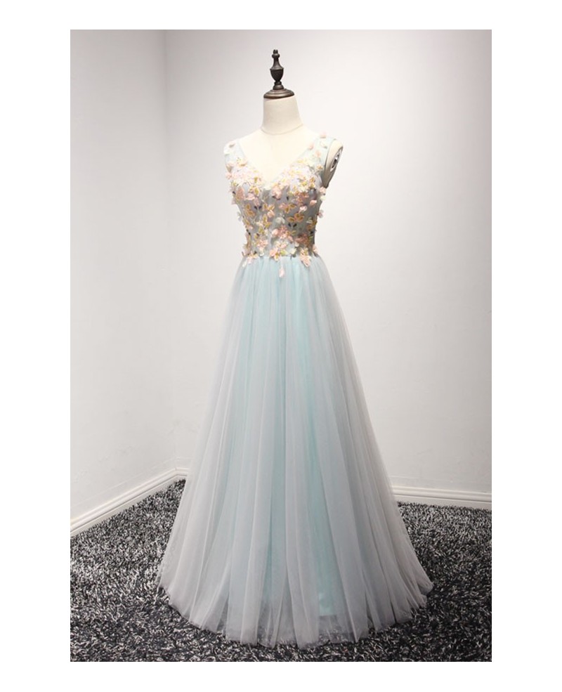 Stunning A-line V-neck Floor-length Tulle Prom Dress With Beading