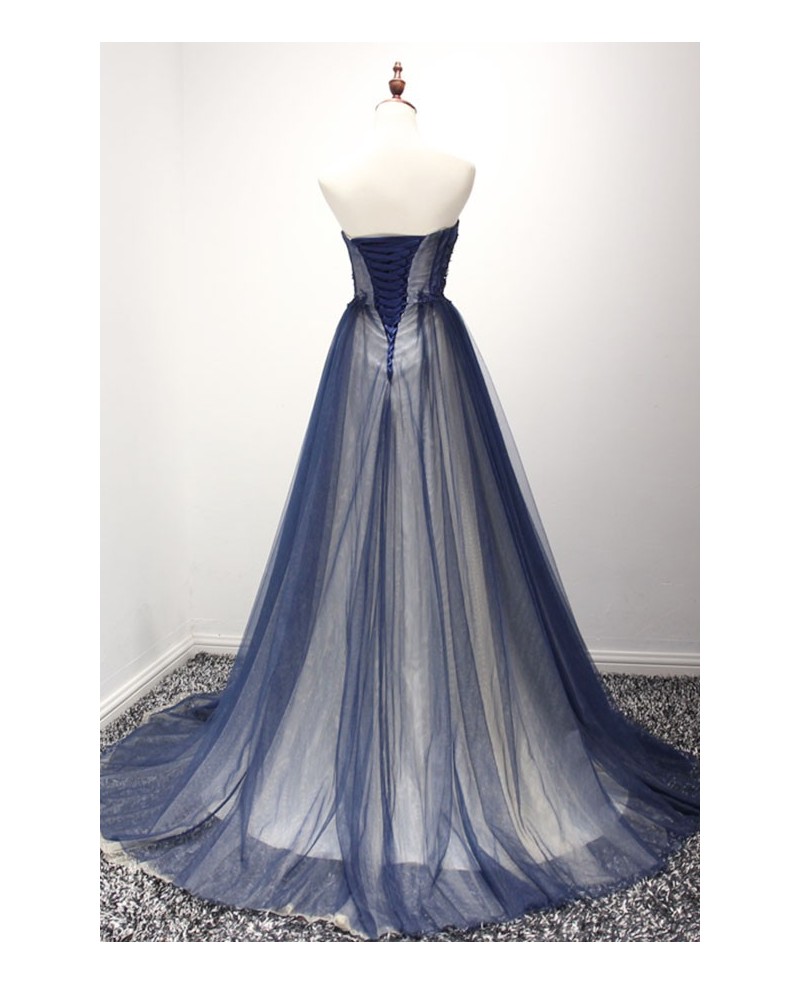 Navy Ball-gown Strapless Court Train Tulle Prom Dress With Beading