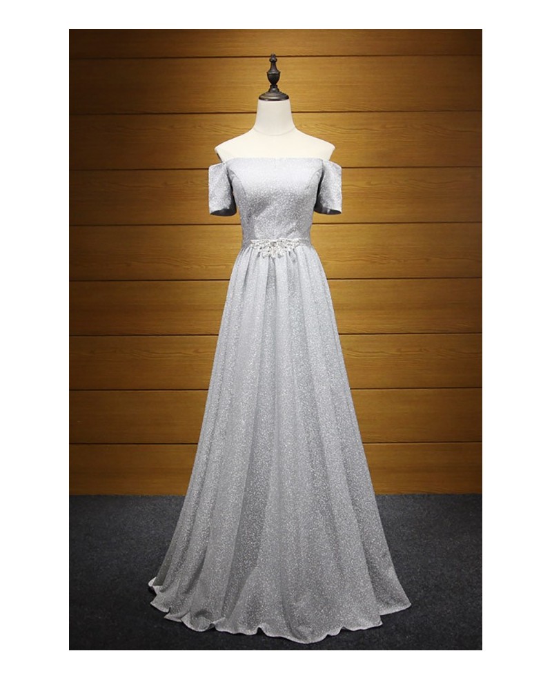 Simple A-line Off-the-shoulder Floor-length Sequined Prom Dress With Belt