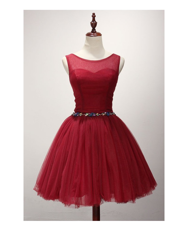 Red Ball-gown Scoop Neck Short Tulle Homecoming Dress With Beading