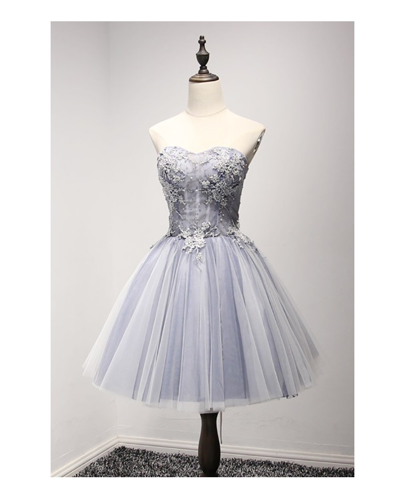 Dusty Blue Ball-gown Sweetheart Short Tulle Homecoming Dress With Beading