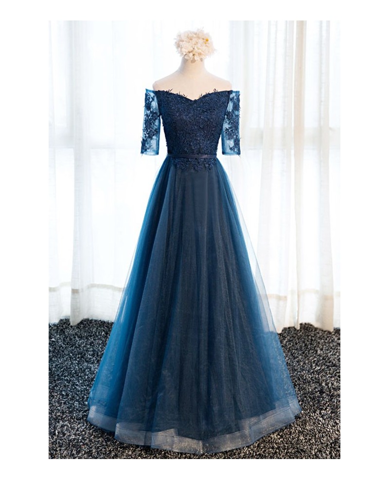 Glamour A-line Off-the-shoulder Floor-length Tulle Prom Dress With Appliques Lace