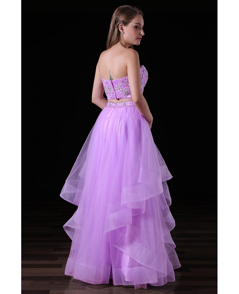 Ball-gown Two Pieces Floor-length Tulle Prom Dress With Beading