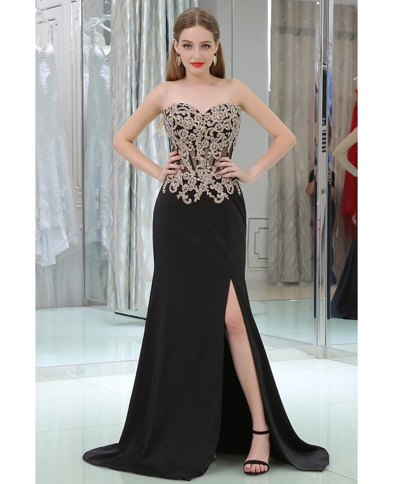 Applique Lace See Through Black Prom Dress With Split Front