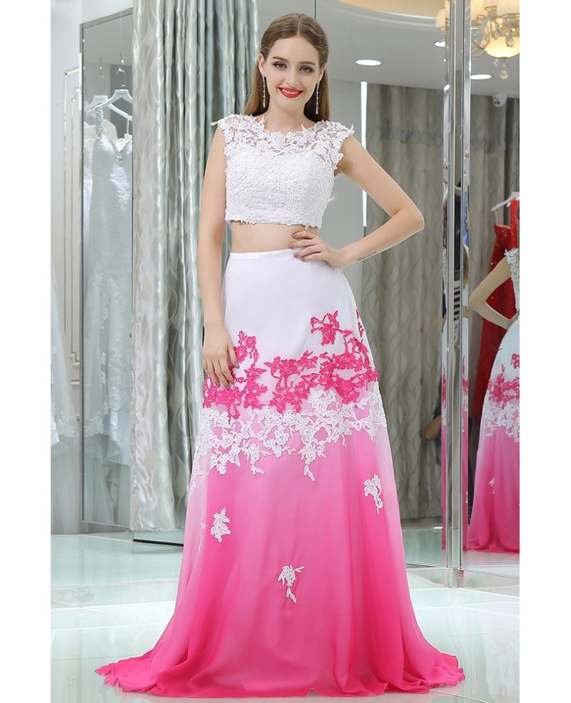 Two Pieces Lace Beaded Gradient White And Fuchsia Chiffon Prom Dresses - Click Image to Close