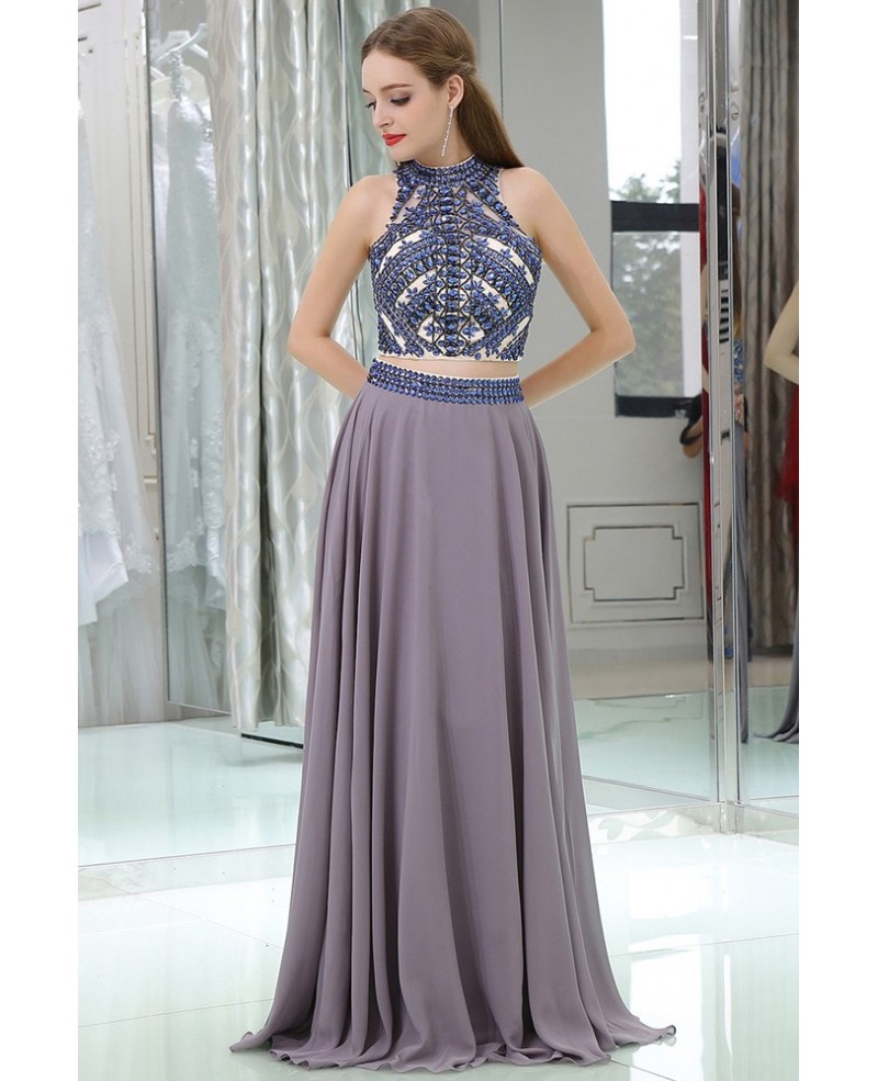 Long Chiffon Sexy 2 Piece Unique Prom Dress With Crystals