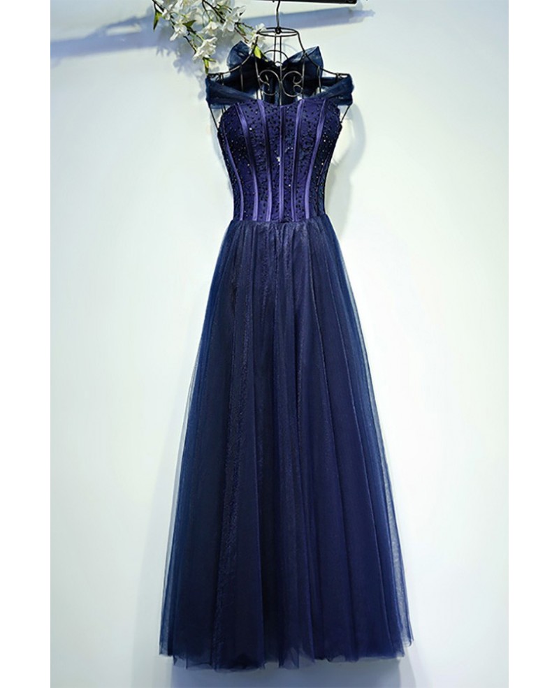 Vintage Chic Navy Blue Corset Prom Dress Long Halter