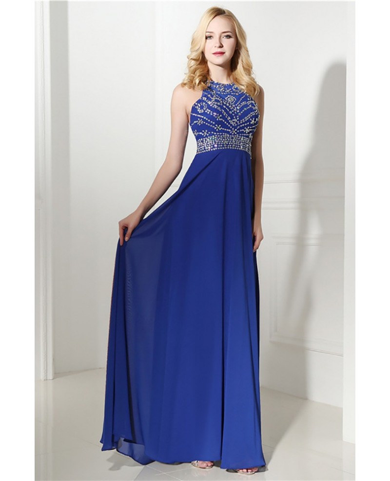 Royal Blue Long Halter Evening Dress Chiffon With Beading Top