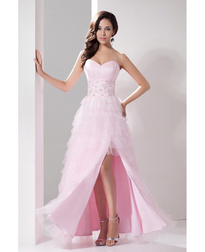 Cascading Ruffle Light Pink Sweetheart Tulle Satin Wedding Dress with Slit Front