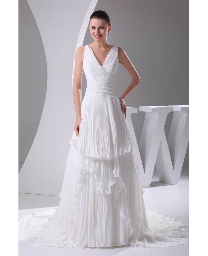 Beautiful Pleated V-neck Cascading Ruffle Wedding Dress