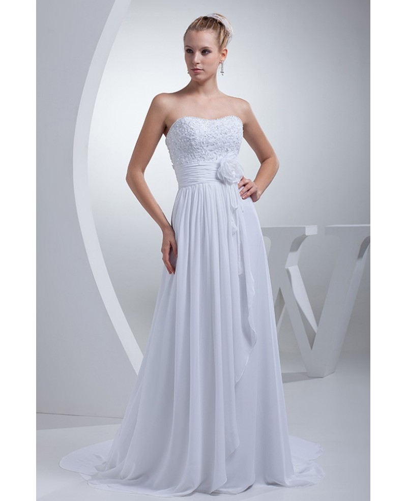 Beaded Long Chiffon Simple Beach Wedding Dress with Flower