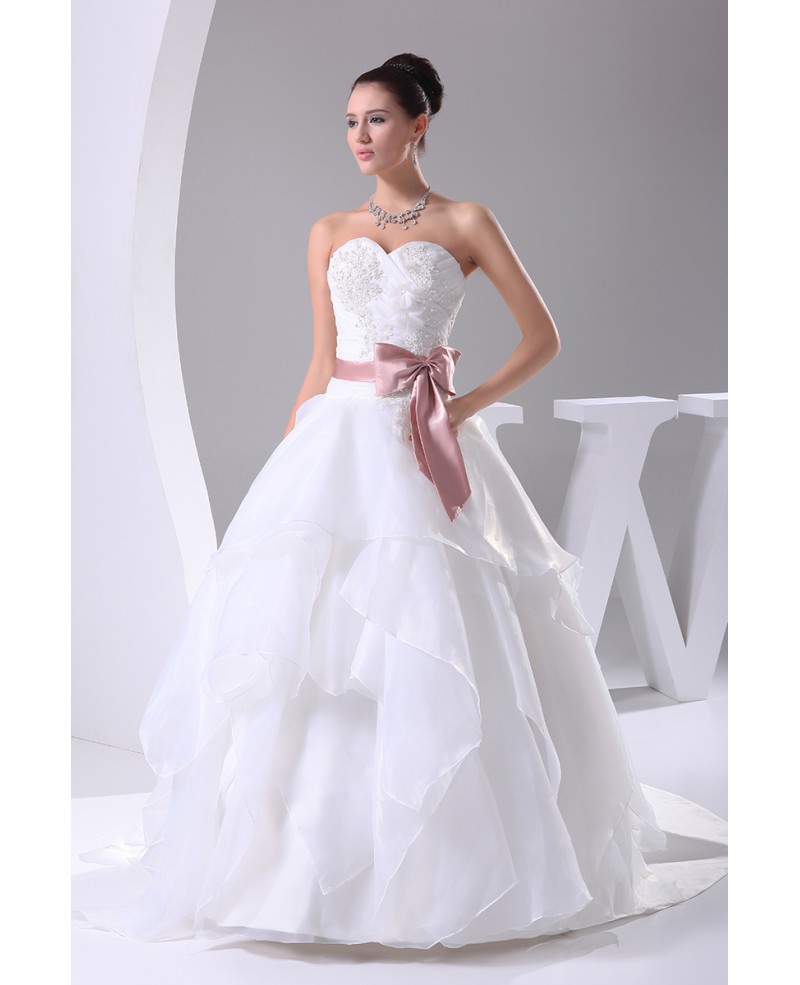 Sweetheart Ballgown Ruffled Wedding Dress White with Pink Sash