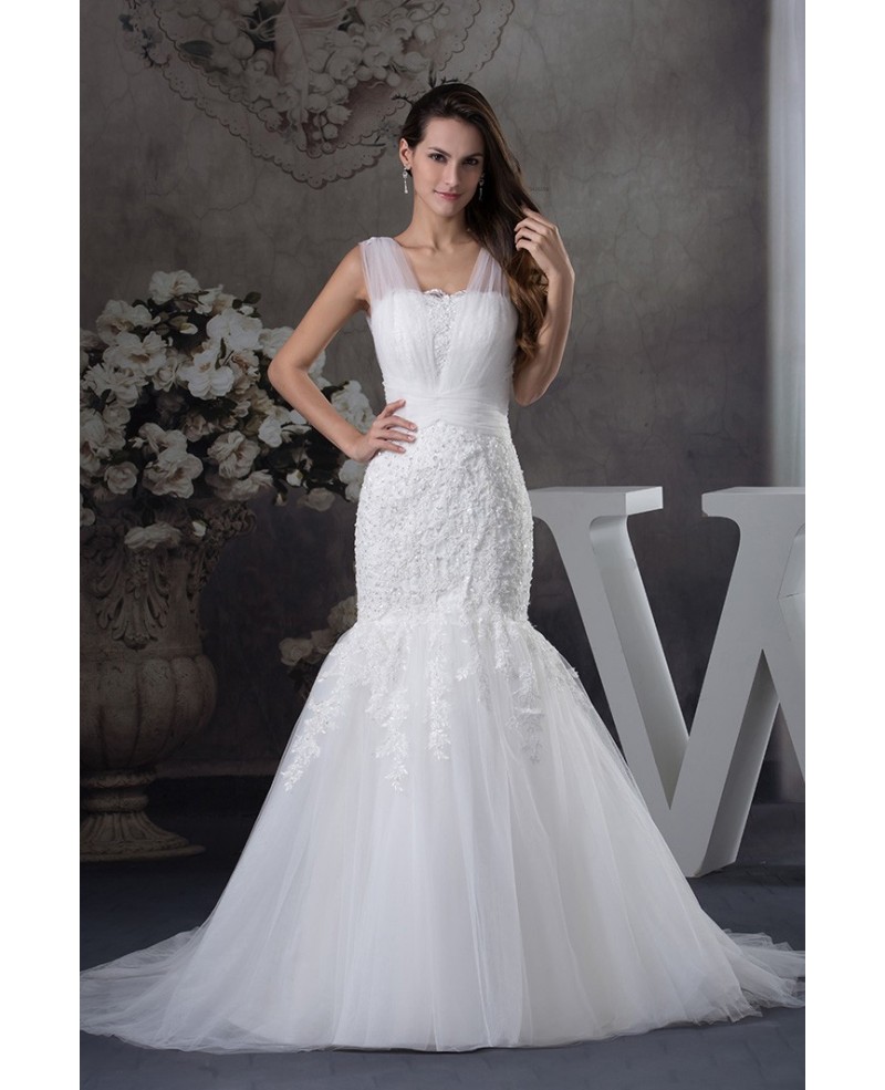 Gorgeous Tulle Straps Fitted Mermaid Lace Wedding Dress