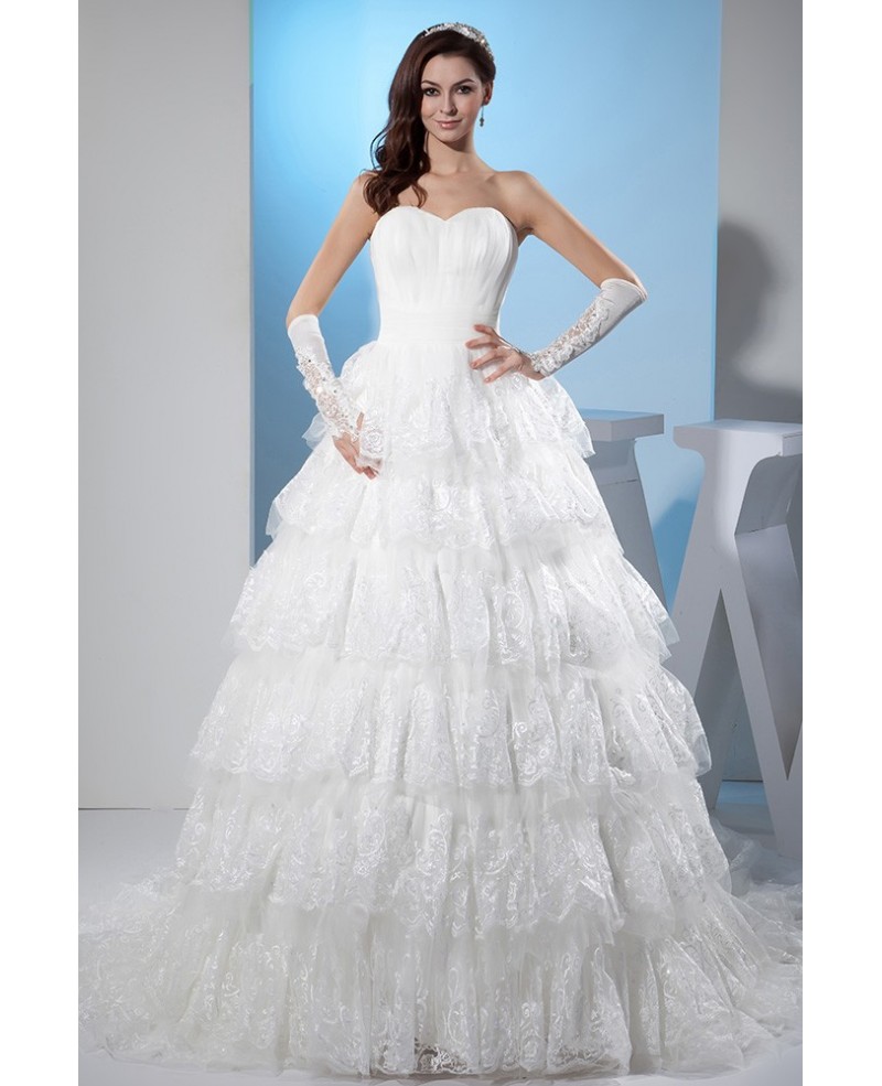 Beautiful Sweetheart Lace Tiered Ballgown Wedding Dress