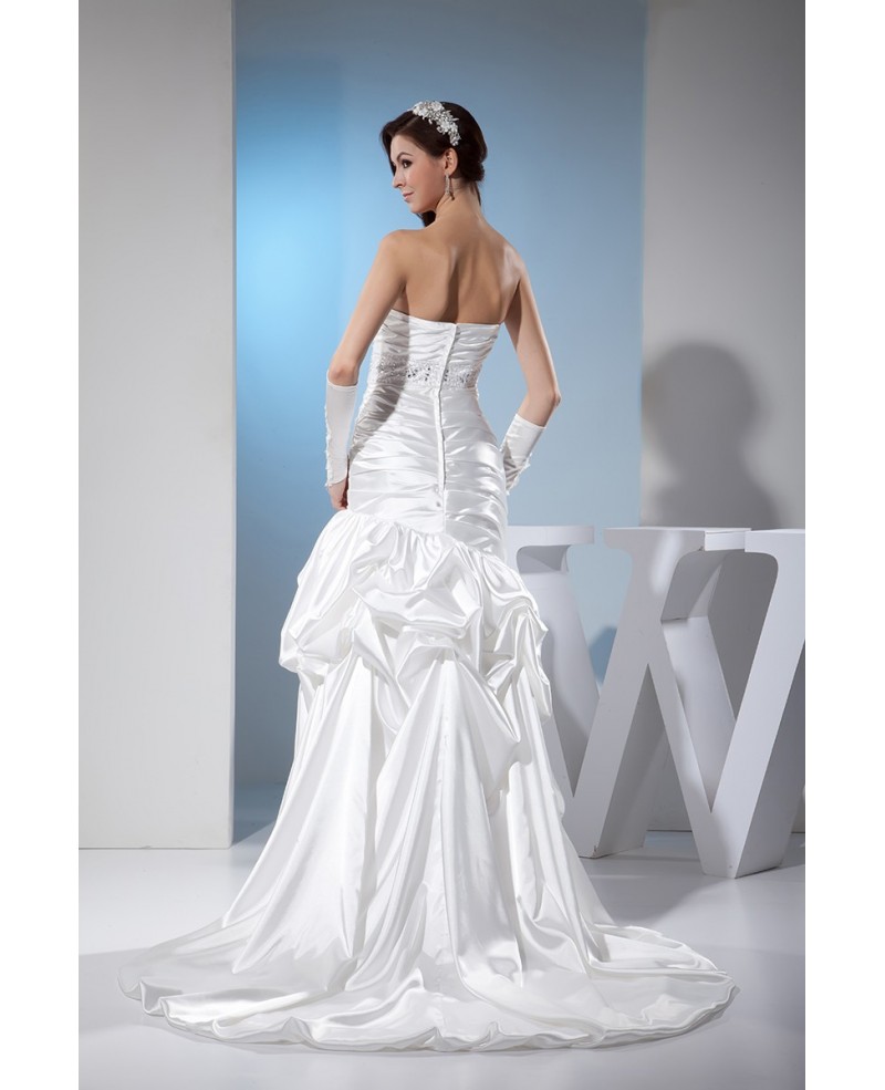 White Sleek Satin Pleated Wedding Dress Ruffled