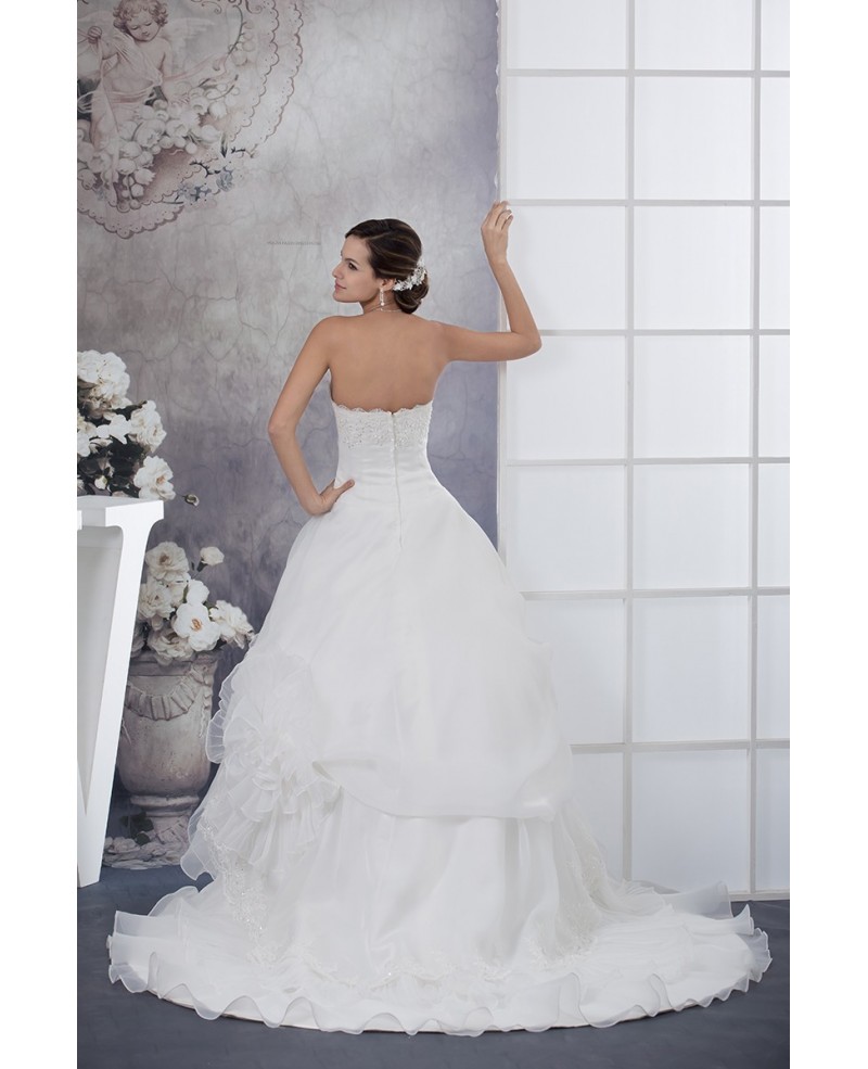 Long White Lace Beaded Strapless Tiered Organza Wedding Dress with Train
