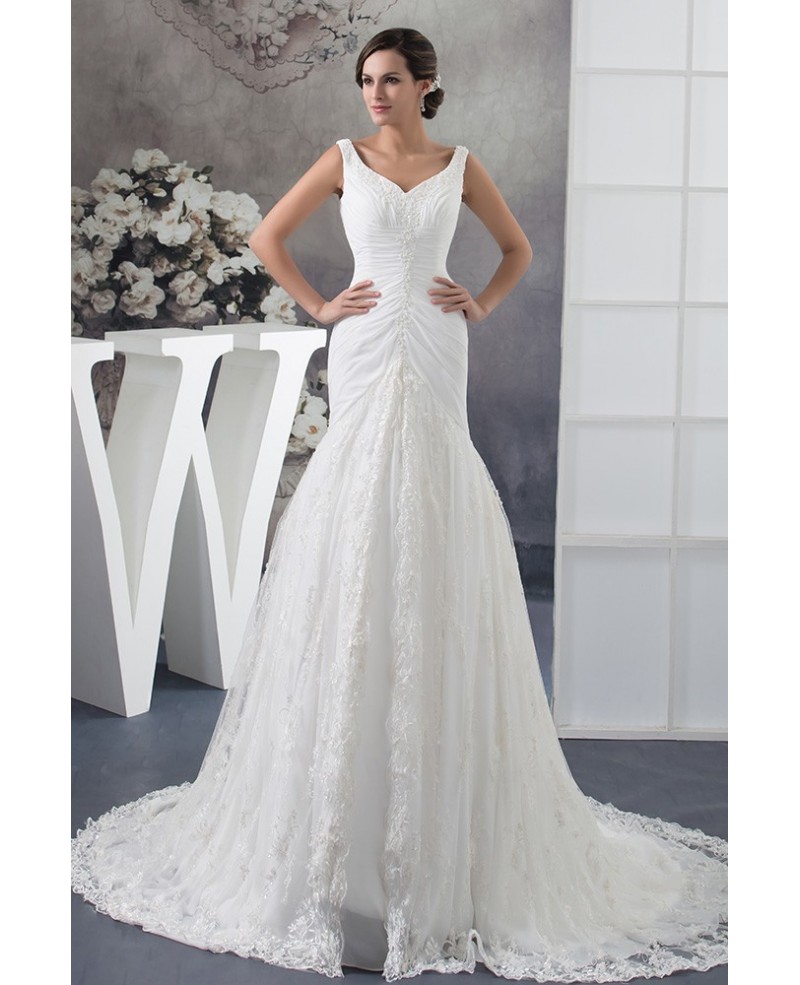 Custom Lace Mermaid Long Fitted Wedding Dress with Pleated Beading