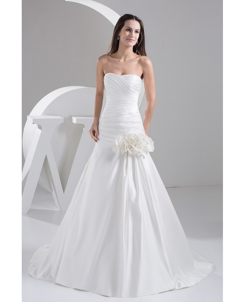 Simple Strapless Pleated Satin Fit and Flare Wedding Dress with Flowers
