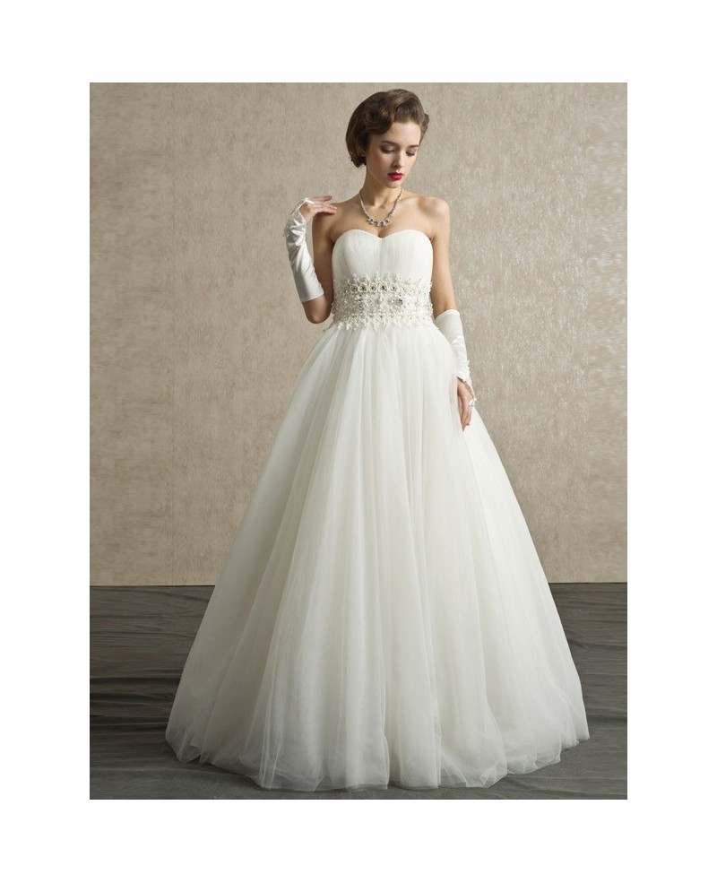 Sweetheart Beaded Pearls Long Tulle Ballgown Wedding Dress