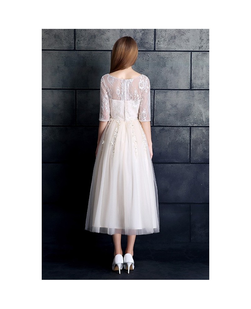 Modest A-line Tulle Tea Length Wedding Dress with Sleeves