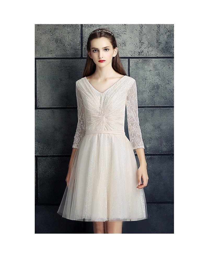 Modest V-neck Three Quarter Lace Sleeve Short Bridal Party Dress