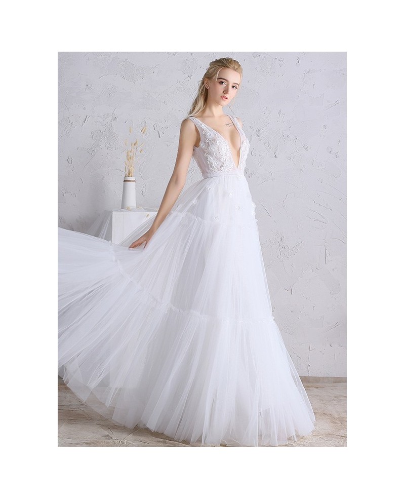 Sexy Deep V-neck A-line Long Tulle Boho Beach Wedding Dress Open Back