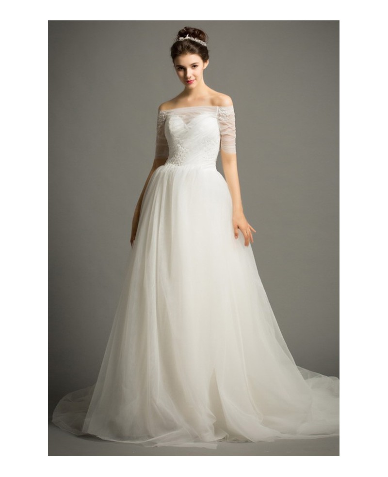 Dreamy Ball-gown Off-the-Shoulder Chapel Train Tulle Wedding Dress With Beading