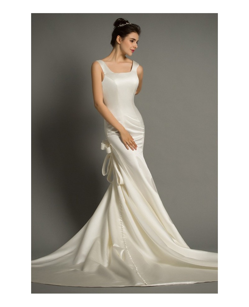 Modern Mermaid Scoop Neck Sweep Train Satin Wedding Dress With Open Back