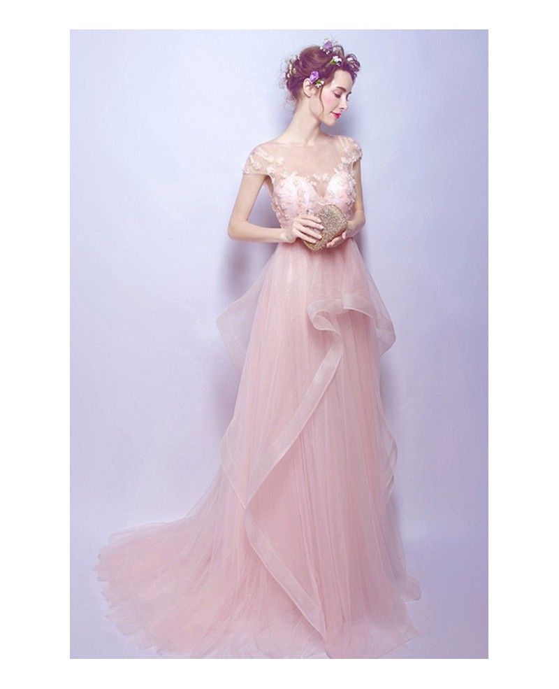 Blush A-line Scoop Neck Sweep Train Tulle Wedding Dress With Beading