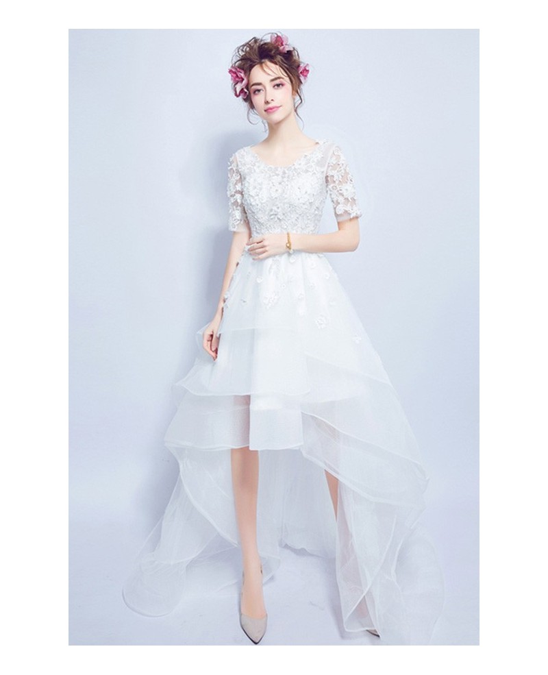 Special High Low Scoop Neck Tulle Wedding Dress With Short Sleeves