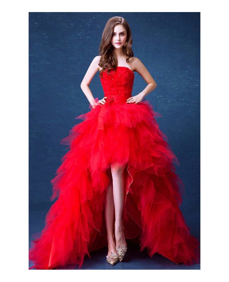 Red Ball-gown Strapless High Low Wedding Dress With Cascading Ruffles