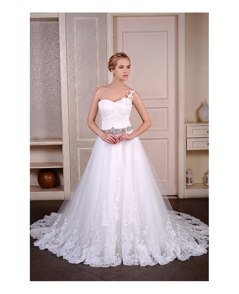 Ball-Gown One Shoulder Chapel Train Tulle Wedding Dress With Beading Appliques Lace