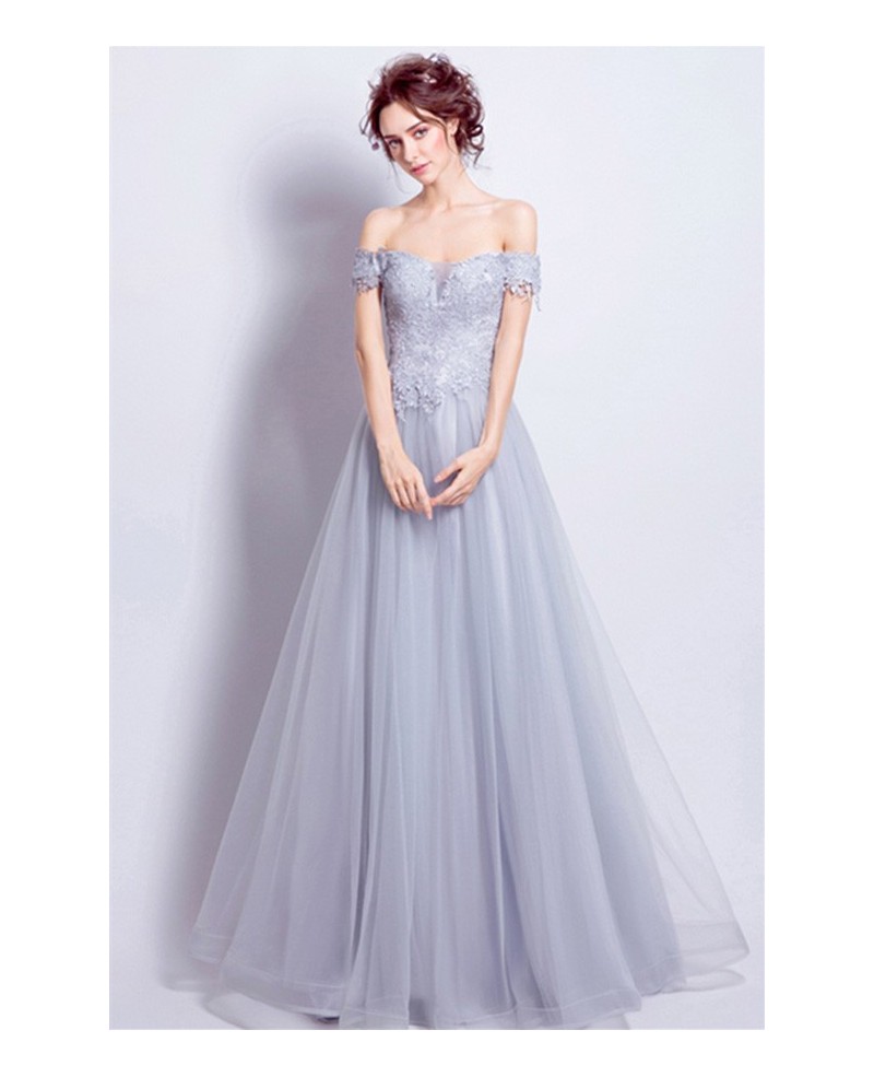 Grey A-line Off-the-shoulder Floor-length Tulle Wedding Dress With Appliques Lace